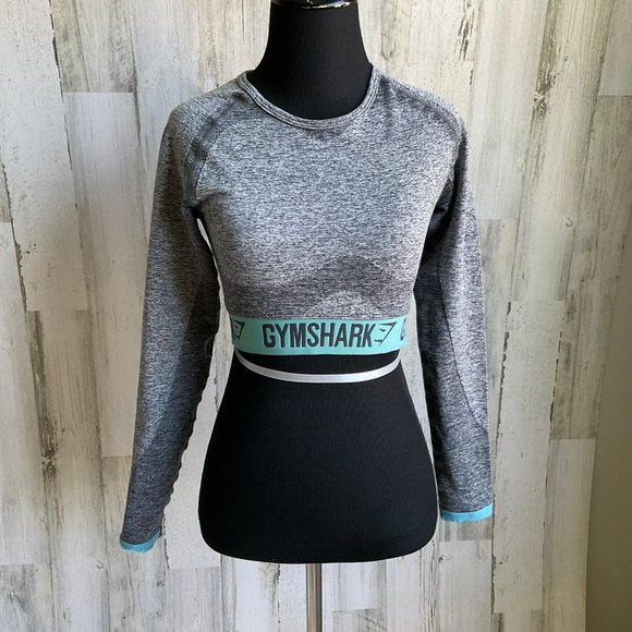 CLEARANCE! Gymshark Size Medium Flex Crop Top Grey Teal Blue Logo Band - Picture 2 of 6